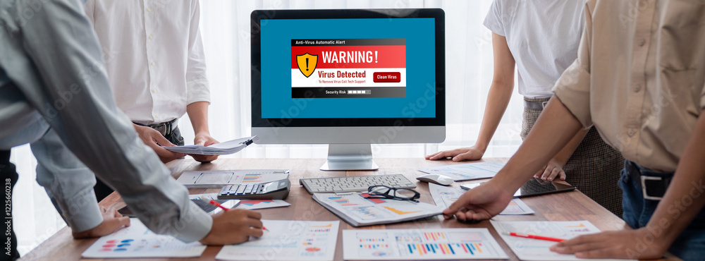 Poster Virus warning alert on computer screen detected brisk cyber threat , hacker, computer virus and malware
