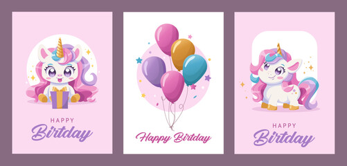 Happy Birthday greeting card set with unicorn, balloons, confetti and gift box. Kids Invitations, happy birthday. Vector Illustration.