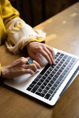 Close up woman hand typing on laptop computer keyboard, freelance, working, 
