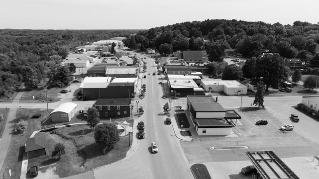 New Era, Michigan downtown aerial view in black and white.