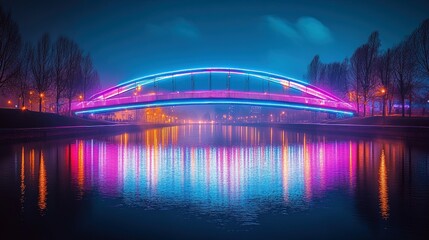 Obraz premium A stunning view of a neon-lit bridge spanning across a river, illuminated at night, creating a striking visual landmark 