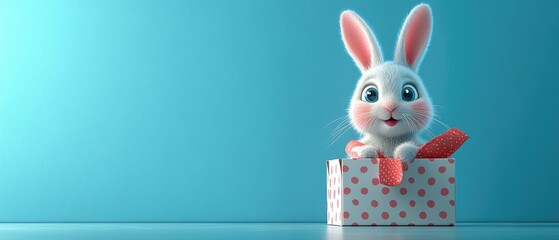 Cute Cartoon Bunny in Polka Dot Gift Box on Blue Background - Adorable Holiday Surprise