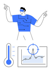 Man wearing VR goggles interacts with connected digital elements. Includes thermometer, graph with target overlay. Ideal for tech innovation, data, gaming, VR, AI, analysis abstract line flat