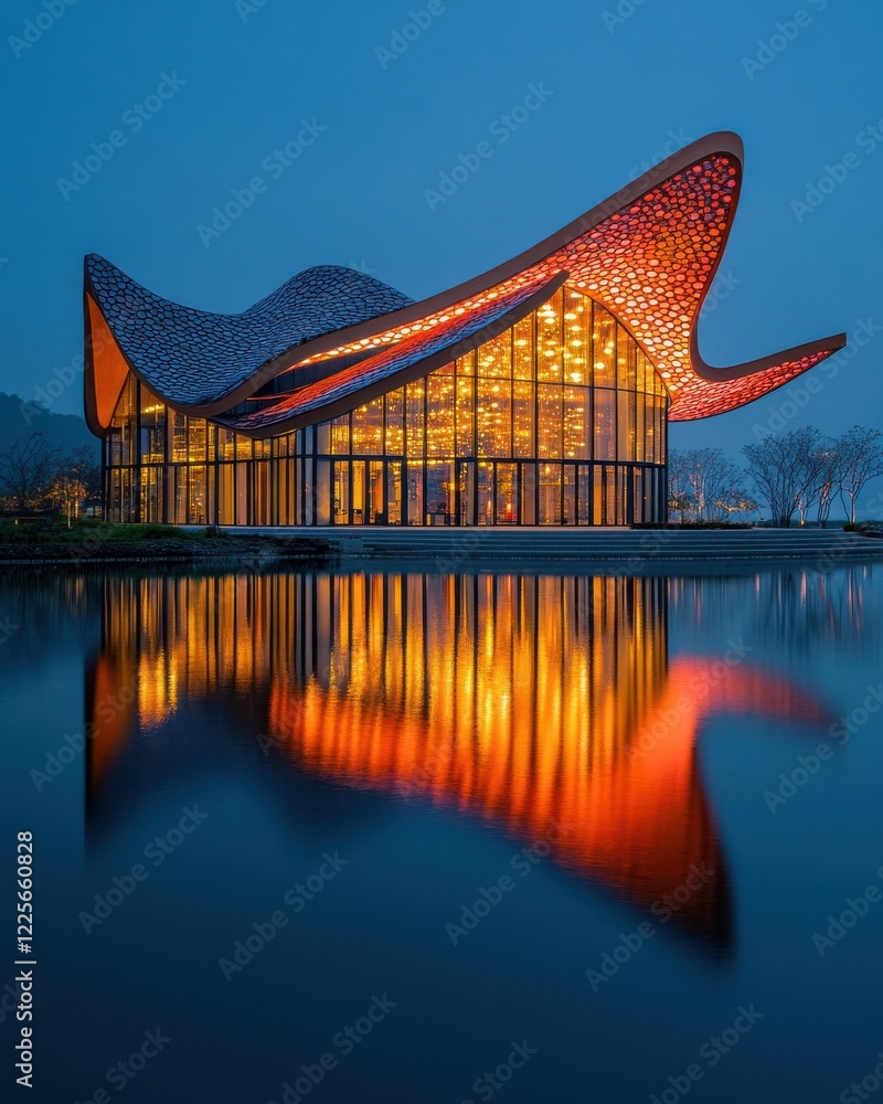 Poster modern architectural masterpiece with unique design illuminated by warm lights reflecting in tranqui