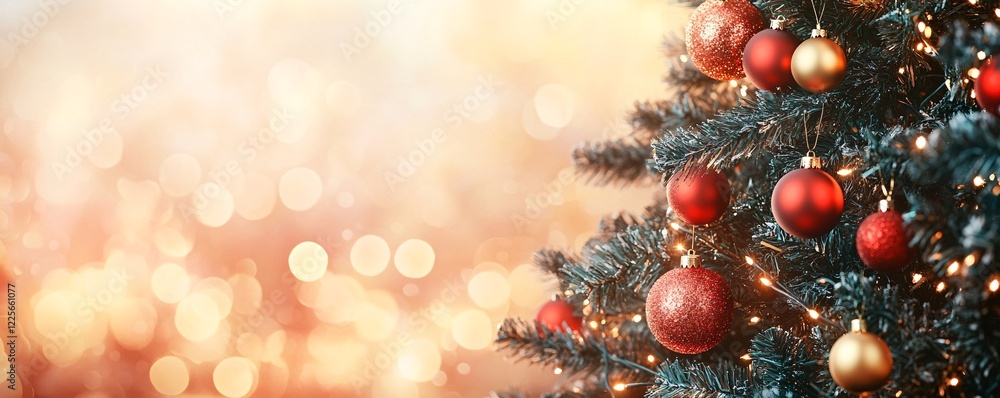 Poster sparkling christmas tree with red and gold ornaments against a golden bokeh backdrop