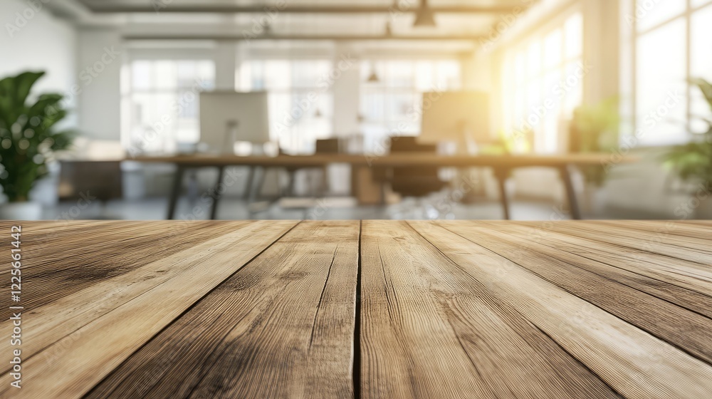 Poster Wooden table surface with a blurred modern office setting in soft sunlight, creating a bright and welcoming workspace. Perfect for business presentations, design mockups, or office promotions