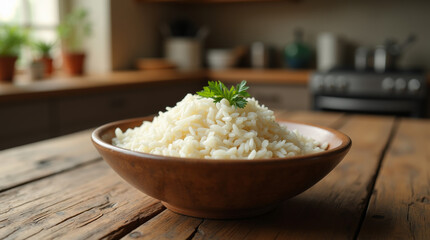 Steaming White Rice in a Rustic Wooden Bowl with Fresh Parsley Garnish