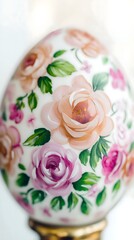 Naklejka premium Hand-painted Rose Egg: Intricate hand-painted roses in soft pinks and peaches adorn a delicate egg, a charming symbol of spring and artistry. 