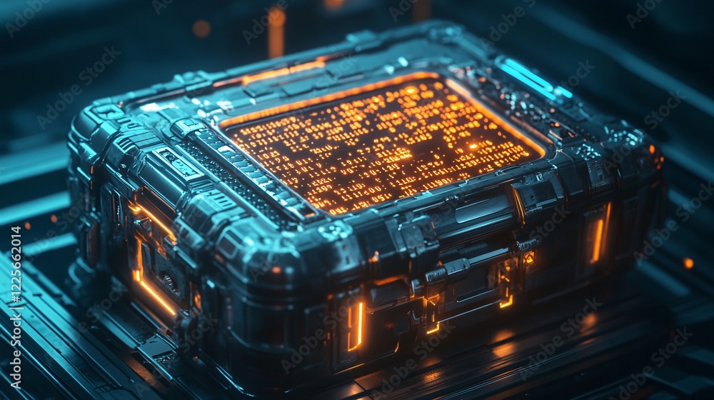 Poster Futuristic quantum computer processing big data with orange lights is illuminating a dark room
