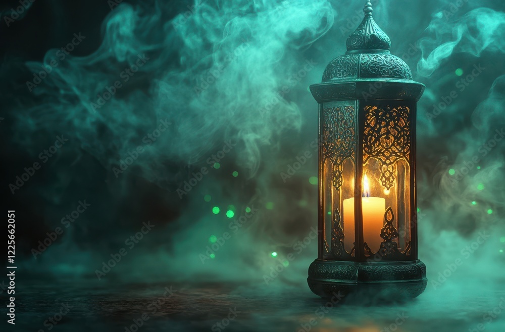 Poster mystical lantern glowing in dark atmosphere surrounded by ethereal smoke and soft light creating enc