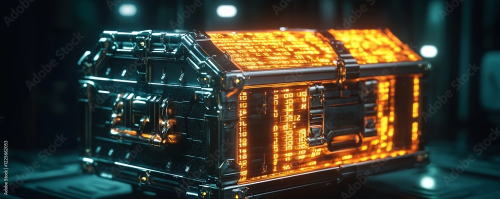 Poster futuristic metal chest with glowing orange panels displaying data, suggesting advanced technology an