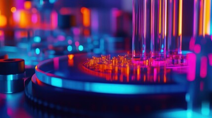 A closeup of vibrant manufacturing equipment where a group of employees is analyzing samples highlighting the teamwork behind improving quality standards.