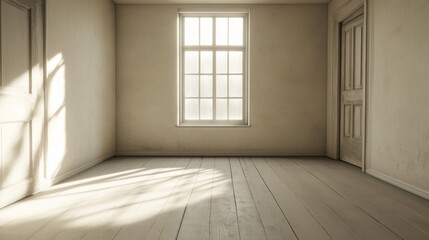 Obraz premium Empty room with sunlight streaming through window, hardwood floors, and doors.