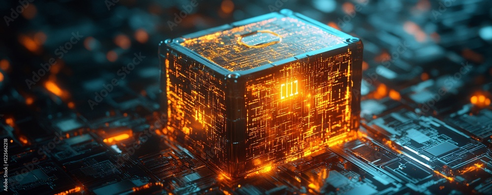 Leinwandbilder Glowing cube is processing data on a complex circuit board, suggesting advanced technology and innovation