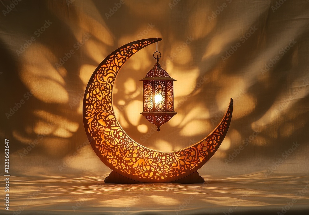 Poster ornate decorative lantern on crescent moon shaped stand with warm glow and intricate shadow patterns