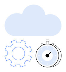 Cloud graphic above a gear and stopwatch conveying efficiency, speed, and functionality. Ideal for technology, cloud storage, automation, efficiency, innovation, productivity abstract line flat