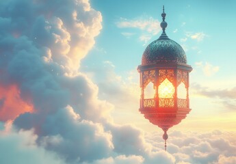 Obraz premium Ornate Lantern Floating Above Dreamy Clouds at Sunrise with Soft Light Casting Warm Glow, Evoking a Sense of Tranquility and Wonder in the Sky