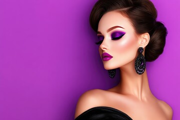 Fototapeta premium Elegant Woman with Bold Purple Makeup and Jewelry Against a Vibrant Violet Background