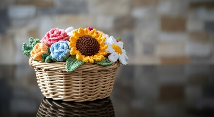 Colorful crocheted flowers in a woven basket, showcasing artistic craftsmanship