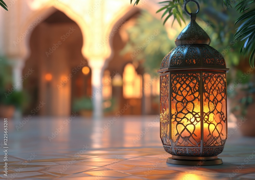 Poster ornate lantern glowing in a serene courtyard with intricate patterns and soft light casting warm sha