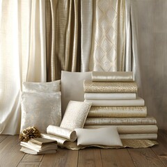 Luxurious Gold and Beige Fabric Textures: Drapes, Pillows, and Upholstery Swatches