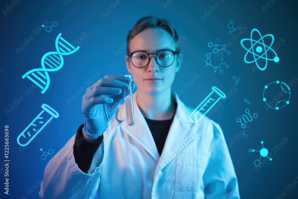 Poster young scientist exploring molecular structures in a futuristic lab