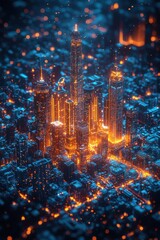 Fototapeta premium Futuristic Digital Metropolis with Illuminated Skyscrapers and A Luminous Network