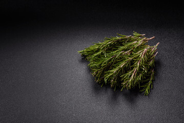 Fresh green rosemary sprigs prepared for cooking