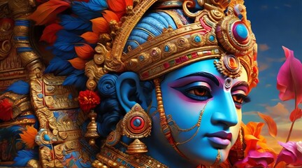 Fototapeta premium Divine Portrait of Lord Krishna with Ornate Crown and Vibrant Colors