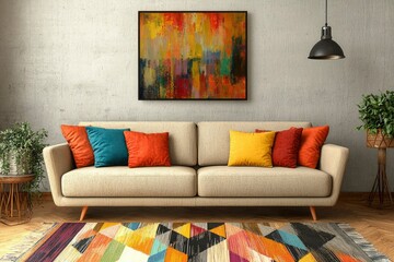 Modern Living Room Decor Featuring Abstract Artwork And Colorful Pillows