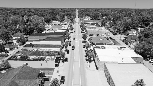 Perry, Michigan downtown aerial view in black and white.