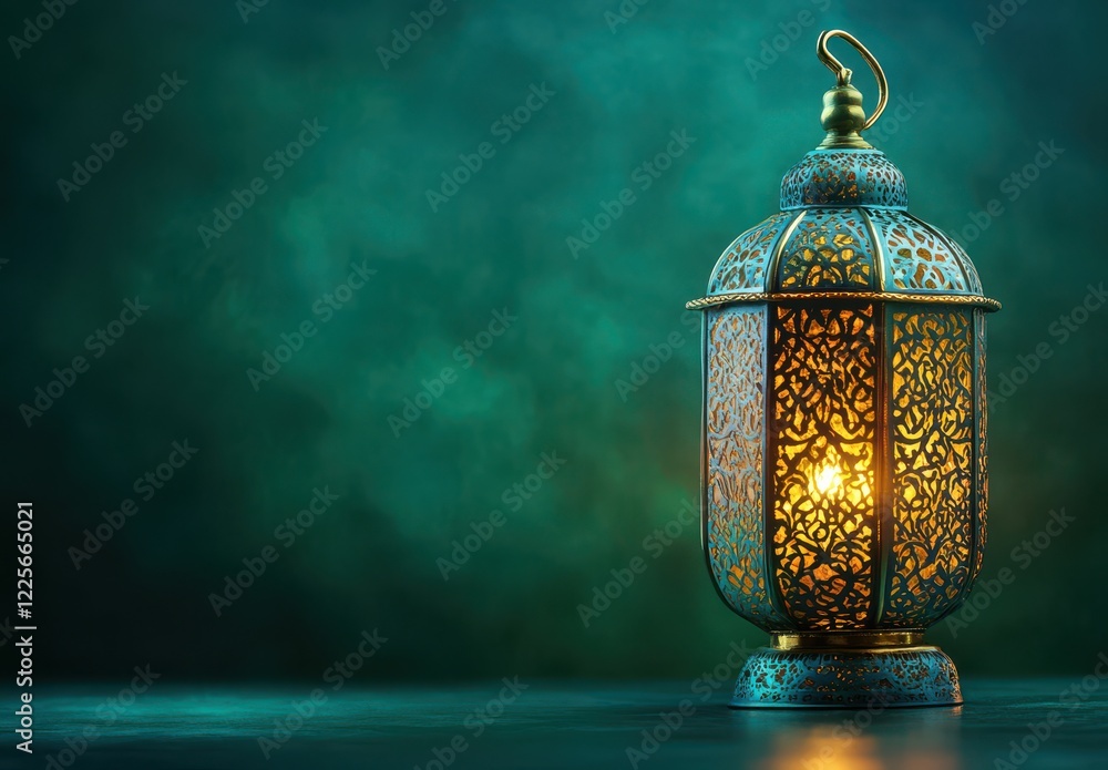 Poster ornate lantern with intricate design casting warm light on a textured green background, creating an 