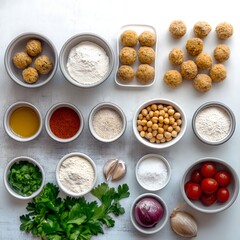 Falafel Ingredients: A vibrant overhead shot showcasing the key ingredients for making delicious falafel, meticulously arranged in small bowls on a textured surface.