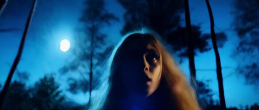 Woman running with fear in jungle moonlit night, close up of afraid blonde girls' face in the woods, horrified female running in misty forest moon in sky horror movie scene thriller drama expression 