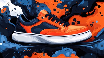 Vibrant Orange and Navy Sneaker on Abstract Artistic Background in Bold Colors