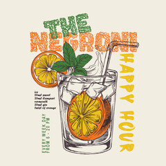 Negroni cocktail Vintage vector. drink summer party.orange for cocktail. Cocktails retro poster vector, summer t shirt design . Drinks, Cocktails, Party poster design. girls graphic. print design.
