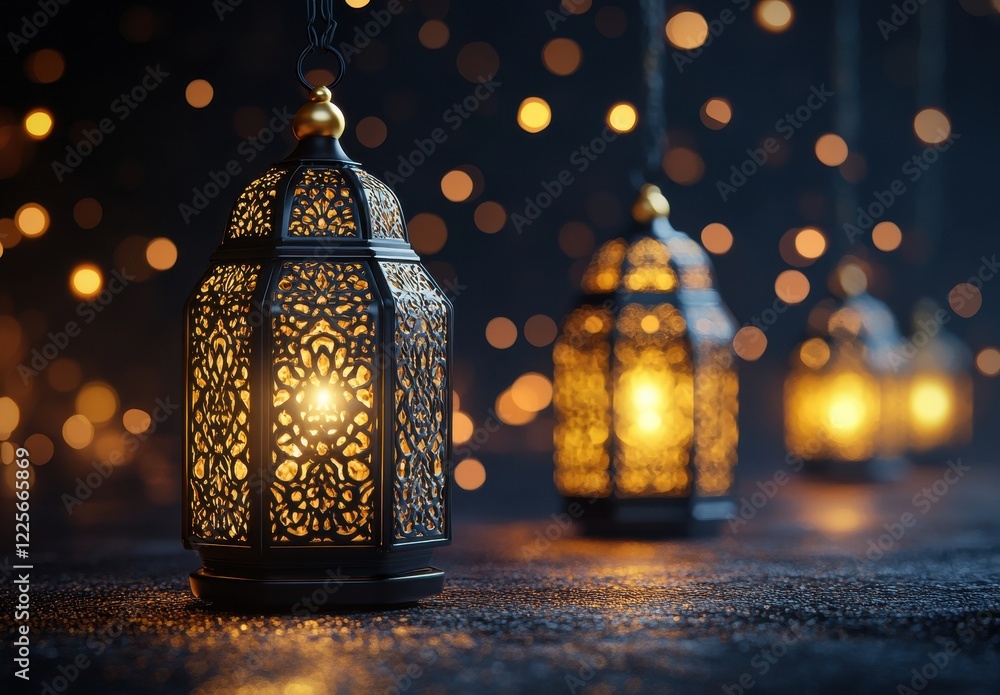 Poster ornate lanterns with warm glow under soft bokeh lights for a cozy and inviting atmosphere in a dimly