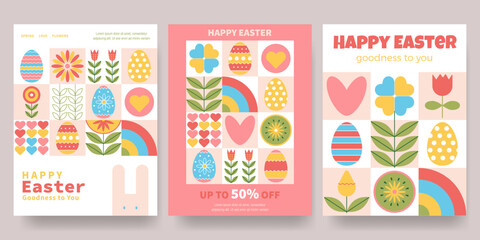 Happy Easter poster set. Greeting cards or posters with bunny, spring flowers and Easter egg. Egg hunt poster template with geometric mosaic patterns on Easter theme. Vector illustration  