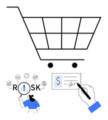 Cart icon, person analyzing risk using a magnifier, and hand signing a receipt. Ideal for e-commerce, finance, retail, budgeting, risk management, consumer behavior abstract line flat metaphor