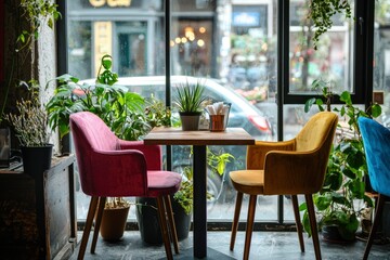 Fototapeta premium Colorful Chairs and Plants Adorn Cafe Window Table