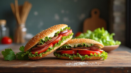 Freshly Made Sandwiches with Crispy Lettuce, Tomato, and Bacon on a Rustic Wooden Table