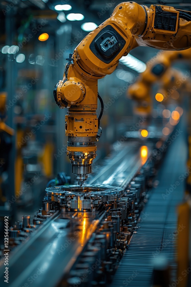 Poster robotic arms operating on conveyor in advanced factory setting at night