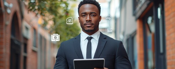 Businessman holding tablet with futuristic digital data network overlay