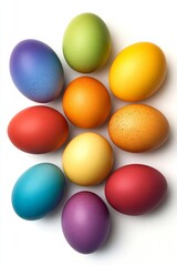 A set of vibrant, multicolored eggs neatly arranged in rows on a clean white marble surface. Concept of festive Easter decoration