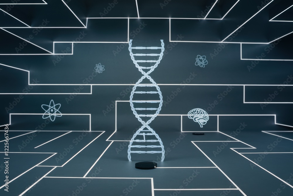 Poster genetic code in abstract maze: a 3d render of dna helix in futuristic setting