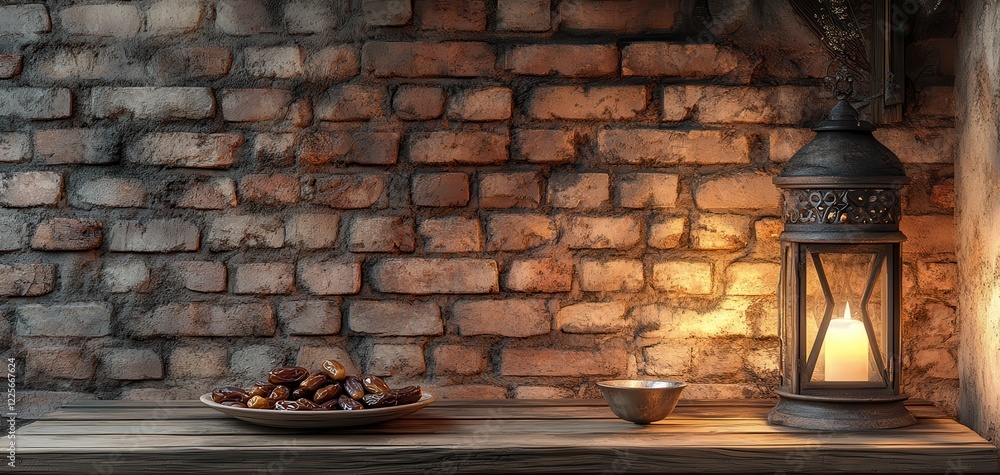 Poster rustic lantern with soft glow and plate of fresh dates on wooden table against textured brick wall i