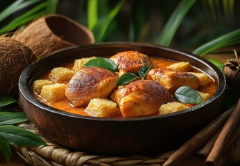 Savory Chicken Dish with Tangy Sauce and Steamed Dumplings Surrounded by Green Leaves on Rustic Table Setting in a Warm Tropical Environment
