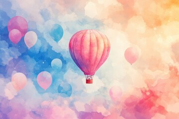 Naklejka premium Pink Hot Air Balloon Soaring Through Pastel Cloudscape