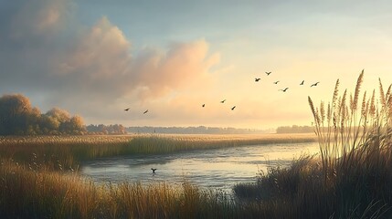 Fototapeta premium A peaceful lakeshore with reeds swaying in the breeze and the distant sound of waterfowl