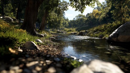 Tranquil Forest Scene with Flowing River, Lush Greenery, Gentle Water Flow, Inviting Atmosphere, Immersive Depth and Perspective